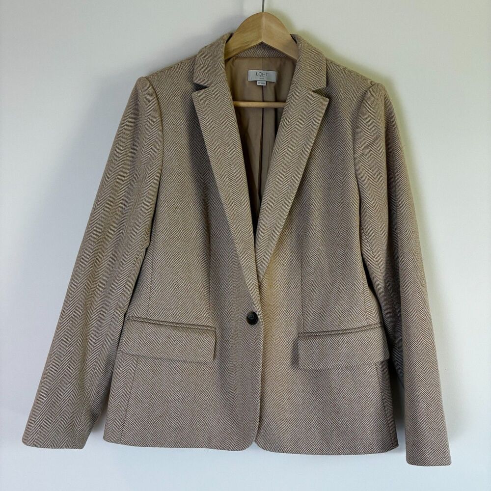 LOFT Tan Herringbone Single-Button Blazer – Size 12P